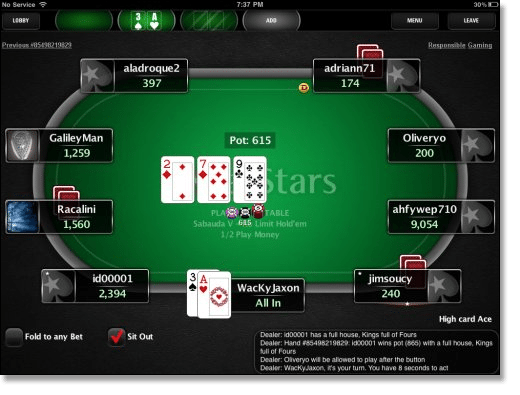 Live Poker online gameplay interface