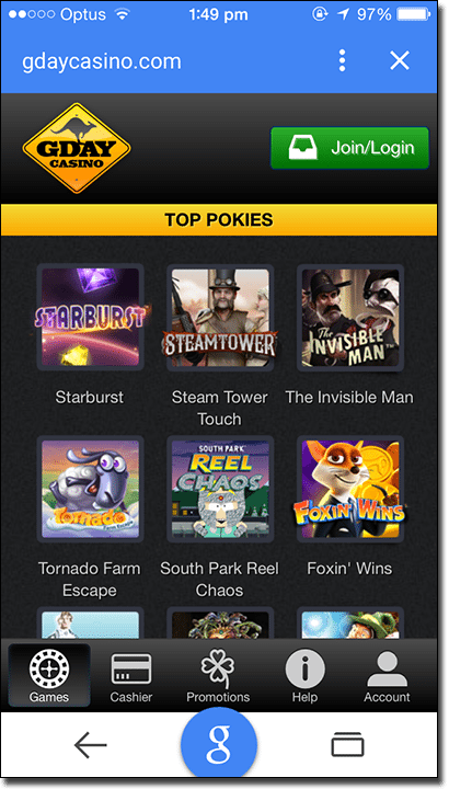 G'Day Mobile casinos new interface