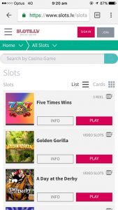 Slots.lv mobile casino interface